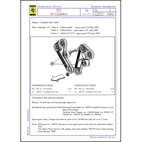 2002 Ferrari technical information n°1003 12 cylinders (Camshaft drive belts) (reprint)